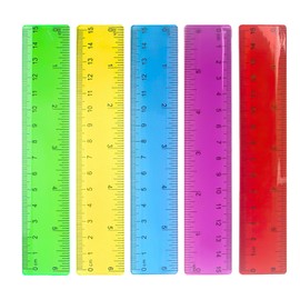 5 PCS 15 cm / 6 Inch Clear Plastic Colorful Rulers, Shatterproof Measuring Tool with Centimeters, Durable & Non-Slip Edge, Lightweight Small Ruler for Back-to-School and Daily Use, Home, Office