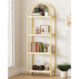 Yusong Bookshelf 4 Tier Arched Bookcase, 71.3" Tall Industrial Open Book Shelves for Living Room, Modern Freestanding Display Shelving Storage Rack Metal Frame, Office, Bedroom,Gold White