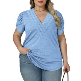 Womens Summer Tops Plus Size Casual V Neck Tunics Tees Cute Tulip Short Sleeve T Shirts Blue 3XL