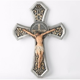 BC Catholic Medal Saint Benedict Crucifix Wall Cross, Jesus Christ Home Decor, Religious Gifts, Metal Carve Look, Sliver and Realistic Finish, 12"H Hand Painted by Buildclassic