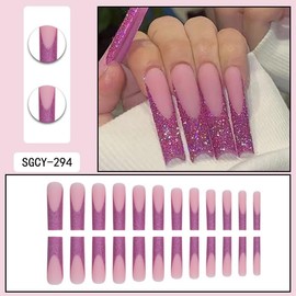 French Tip Press On Nails Extra Long Square Fake Nails With Glitter Design Purple False Nails Full Cover Artificial Acrylic Nails Matte Glue On Nails Stick On Nails For Women Manicure 24pcs
