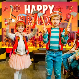 Fireman Birthday Background, 70.8 x 43.3 Inches Fireman Happy Birthday Background for Fire Brigade Birthday Decoration Fire Engine Party Decoration