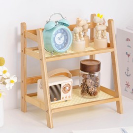 CEWROM Spice Rack, 2 Tier Kitchen Organiser, Bamboo Imitation Rattan Weaving, Kitchen Spice Shelf, Standing, Kitchen Organiser for Worktop, Kitchen, Laundry Room and Office