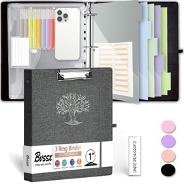 BVSSX 3 Ring Binder, 1 Inch Three Ring Linen Leather Binder Organizer with Clipboard for Letter Size Paper, Transparent Folder, 5-Tabs Dividers, File Folder Labels, Pen Loop, Elastic Strap (Dark Grey)