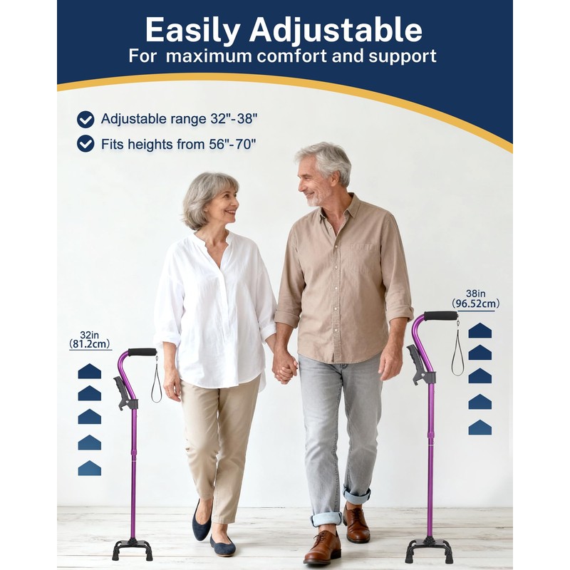 KUAZIDAR Adjustable Cane with Ergonomic Handle & 4-Prong Base for