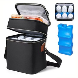 Breastmilk Cooler Bag with Ice Pack–Holds 6 Baby Bottles (9oz),Double Layer Insulated Tote,Waterproof Leakproof Design&Shoulder Strap for Nursing Moms,Daycare&Travel(Black)