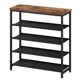 HOOBRO Shoe Rack with 4 PU Shelves, 5-Tier Shoe Storage Organizer for Closet and Entryway, Holds 12-16 Pairs of Shoes, Sturdy Metal Frame, Small Spaces, Rustic Brown and Black BF95XJ01