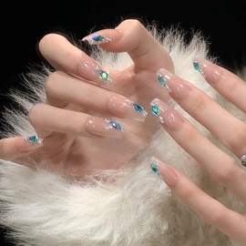 Pure Handmade Nails Press on Nail Reusable Fake Nails Colourful RhineStones Bling Bling Medium Stick on Nails French Tip False Nails 10pcs (XS, Q313 NAILS)