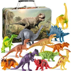PLAYVIBE Dinosaur Toys for Kids - 12 Realistic Small Dinosaur Figures with Metal Storage Box & Soft Dino for Boys and Girls 3-7 Years - Spinosaurus Toddler Toys