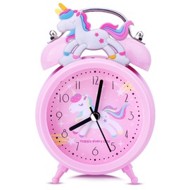 TCJJ Unicorn Alarm Clock for Girls, Non-Ticking Alarm Clock, Children Girls, Quiet Bedside Table, Pink Alarm Clock, Classic Loud Double Bell Clock with Backlight, Suitable for School Gifts