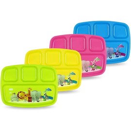 PLASKIDY Toddler Plates With Dividers - Set of 4 Kids Dinner Plates with 4 - Compartment Brightly Colored Children Divided Tray Dishwasher Safe BPA Free Plate With Fun Zoo Design