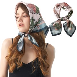 WUZININGLE 100% Mulberry Silk Scarf 27''x27'' Medium Square Silk Head Scarf for Women Silk Hair Scarf Silk Neck Scarf Fashion Pattern (Floral- Green Pink)