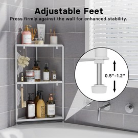 Kawaiita Corner Shower Caddy Stand, 3 Tier Floor Shower Organizer Stands for Inside Shower, Bathtub, Bathroom Corner Shower Shelf Rack with Adjustable Feet & 4 Hooks, Metal, White