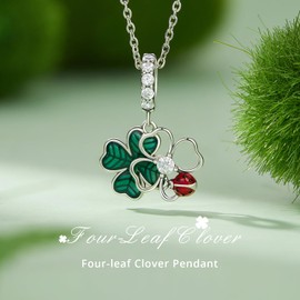 Qings Four Leaf Clover Charm Pendant for Bracelet Sterling Silver 925 Green Happy Ladybird Charms Beads with Cubic Zirconia for Necklace Birthday Gifts for Women Mother, Sterling Silver, Cubic