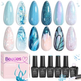 Beetles Gel Nail Polish Set, 6 Colors Spring Gel Polish Shimmer Glitter Chameleon Blue Baby Blue Pearl White Swirl Shell Thread Effect with Nail Art Pen Ice Blue Collection Soak Off UV Gift for Women | beetles Gel Polish