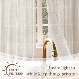 Fuhana Linen Kitchen Curtains,45 Inch Length Light Filtering Sheer Short Cafe Window Curtains Tier,Pinch Pleated Small Kitchen Drapes for Windows,2 Panels,(24" W x 45" L Natural)
