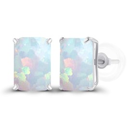 Genuine 925 Sterling Silver 7x5mm Emerald Cut Created Opal October Birthstone Genuine Stud Earrings For Women