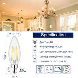 Honesorn Dimmable E12 Candelabra Led Light Bulbs, 2700k 60-Watt Equivalent Type B Chandelier Light Bulb for Ceiling Fan, Soft White C35 B11 Candle led for Candelabra Base 6 Pack