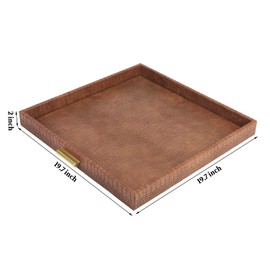 HofferRuffer Elegant Decorative Serving Tray, 20"x20" Square Faux Leather Ottoman Tray with Gold Hardware Handles, Coffee Table Serve Tea Coffee or Breakfast (Antique Brown)