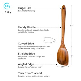 FAAY 13.5 inch corner spoon, left hand scraper, wooden spoon for cooking, handmade from golden teak wood with high moisture resistance, durable, healthy, ergonomic handle