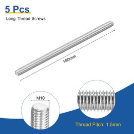 sourcing map M10x180mm Fully All Threaded Rod, 2Pcs 316 Stainless Steel Long Threaded Screw 1.5mm Thread Pitch Right Hand Threads for Furniture Mounting Assembly Fastening