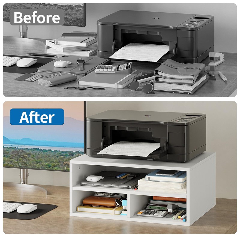 ALISENED Printer Stand for Desk, 2-Tier Wooden Desk Organizer, White