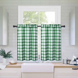FairOnly Deep Green Tier Curtains,Buffalo Check Plaid Gingham Short Window Curtain for Cafe,Farmhouse,Bathroom,Kitchen & Living Room Rod Pocket Curtains (2 Panels, 28"x24")