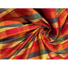 100% Silk Dupion Plaid Fabric with Slubs Shades of Green, Red, Orange and Gold, 54" Wide, DUPNEWC29[2]