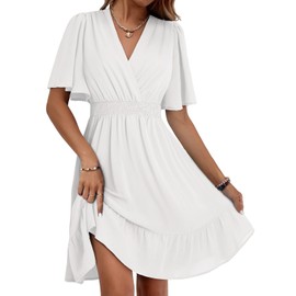 Dokotoo Summer Dresses for Women 2025 Trendy Casual Party Wedding Guest Deep V Neck Elegant Ruffle Mini Dress Sundresses Vacation Beach Outfits Waist Dresses White X-Large