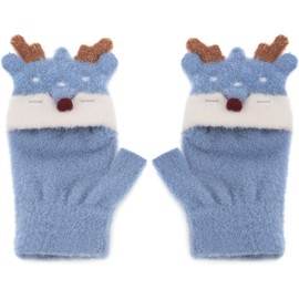 GizellMG Fingerless Gloves Christmas Fox Kids Girls Gloves Without Fingerless Gloves Knitted Gloves Flap with Rope Anti-Loss for Boys Girls 3 Years Less