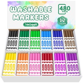 YEGEER Washable Markers Bulk, 12 Assorted Colors, 480 Count Washable Markers for Kids, School and Teacher Classroom Supplies, Coloring Markers for Ages 3+ Year Old Boys Girls