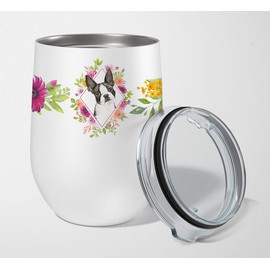 Caroline's Treasures CK4257TBL12 Boston Terrier Pink Flowers Stainless Steel 12 oz Stemless Wine Glass Insulated Wine Tumbler with Lid, Cute Travel Cup for Coffee, Cocktails, Gift Women, Mother