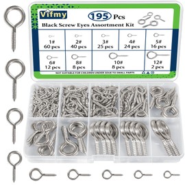 Vifmy Screw Eyes Assortment Kit(195Pcs),0.75" 0.78" 0.90" 1" 1.1" 1.18" 1.39" 1.57" 1.75" Zinc Plated Eyelet Screws, Metal Small Tapping Screw Hooks Ring, Silver