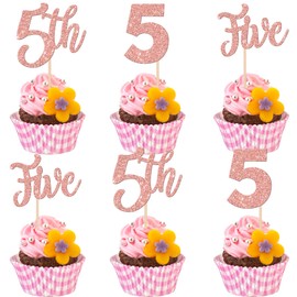 24 piezas de cinco decoraciones para cupcakes con purpurina para quinto cumpleaños, número 5, decoraciones para cupcakes para baby shower, niños, 5 cumpleaños, aniversario, fiesta, decoración de pasteles, suministros de oro rosa