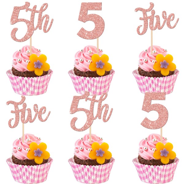 24 piezas de cinco decoraciones para cupcakes con purpurina para quinto cumpleaños, número 5, decoraciones para cupcakes para baby shower, niños, 5 cumpleaños, aniversario, fiesta, decoración de pasteles, suministros de oro rosa