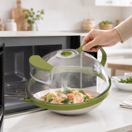 Clear Microwave Food Cover for Reheating – Vented Splatter Guard with Steam Reservoir & Easy-Grip Handle