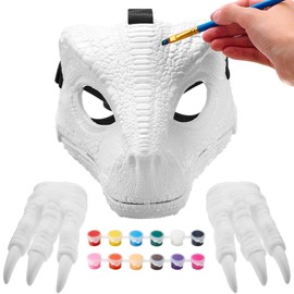 Seenelling 1 Set Hard Plastic Dinosaur Mask with Claws Paints Blank DIY Dino Mask Dinosaur Gifts Furry Therian Dino Costume Party Supplies