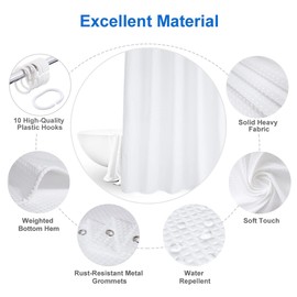 Waffle Weave Fabric Shower Curtain with Hooks, Shower Curtain Set for Bathroom, Hotel Quality Heavyweight Cloth with Rustproof Metal Grommets, Water Repellent, Machine Washable, 72x72 Inch