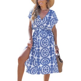 CUPSHE Women Beach Cover Up V Neck Short Sleeve Striped Midi Swimsuit Coverup Dress XS-XXL Blue Floral, M