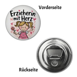Fröhliche Cartoon-Figur - Erzieherin mit Herz Magnet mit Flaschenöffner Zauberhaftes Mädchen mit blonden Haaren in pinkem Kleid voller Blumen EIN Muss für jeden Erzieher-Fan