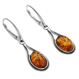 Teardrop Cabochon Cut Baltic Honey Amber Lever Back Sterling Silver Earrings for Women/Girls - Dangly/Dangle Drop Earrings - Amber Jewellery. 070403