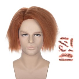 FYXZHUO Men’s Short Golden Brown Straight Wig With False scar Patch Unisex Halloween Cosplay Costume Wigs