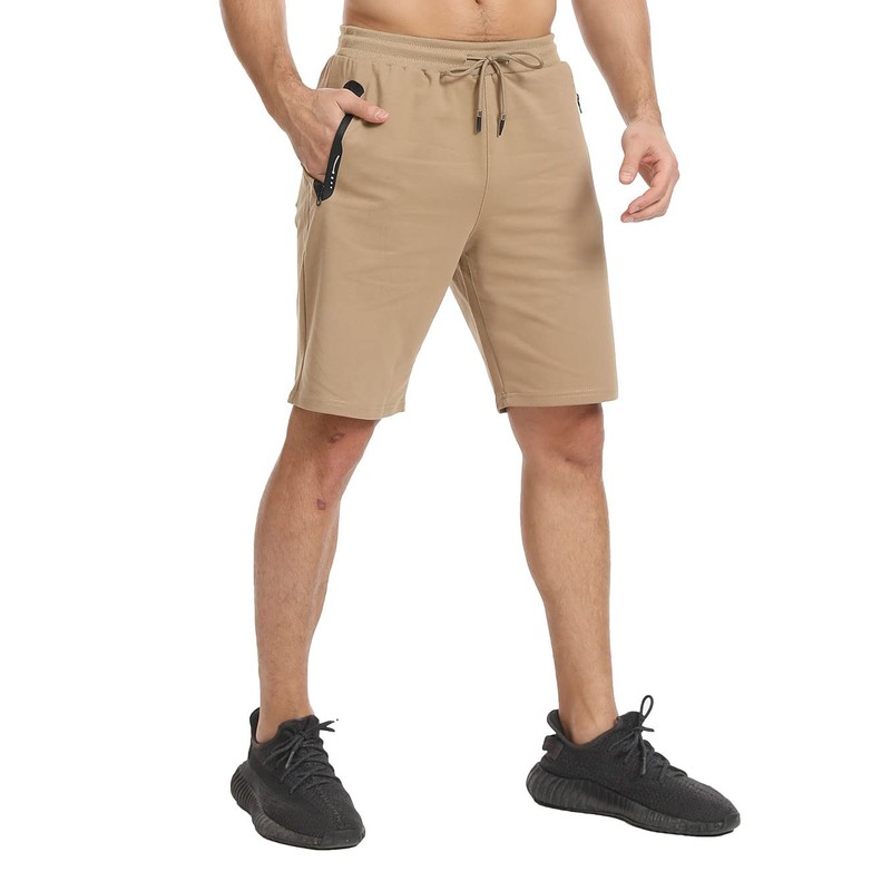 JustSun Men's Cotton Sports Shorts with Zip Pockets, khaki