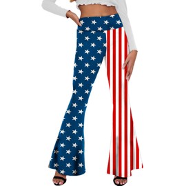 Deerose Patriotic Bell Bottom Pants for Women Fourth of July Flare Pants Stars and Stripes Wide Leg Trousers 2XL