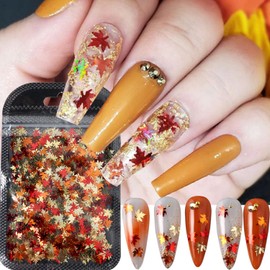 Golden Fall Nail Art Glitters Maple Leaves Nail Decals Autumn Leaves Nail Decoration Accessories Red Orange Gold Fall Nail Designs for Women Manicure DIY