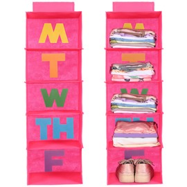 Hahafelt 2 Pcs 5 Shelf Weekly Clothes Organizer for Kids Hanging Closet Organizer Weekday Daily Activity Clothes Storage Days of The Week Outfit Storage for Monday Through Friday(Rose Red)