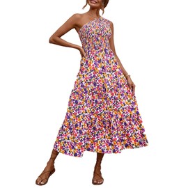 BTFBM Women One Shoulder Sleeveless Casual Summer Dresses 2023 Smocked High Waist Floral Flowy Beach Boho Maxi Dress(Floral White Purple, X-Large)