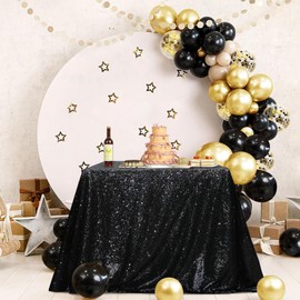 PartyDelight Sequin Tablecloth, Wedding, Sweetheart, Christmas Tree, Rectangular, 48"x72", Black
