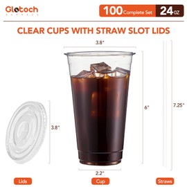 Glotoch Plastic Cups with Lids and Straws [100 Sets - 24oz] Disposable Clear Crystal Plastic Iced Coffee Cups with Lids BPA Free To Go Cold Cups for Cold Drinks, DIY Juice, Smoothie,Party