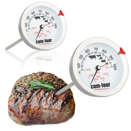 COM-FOUR® 2X Roasting Thermometer - 2-Zone Meat Thermometer with Cooking Point Control Display - Analog Grill and Oven Thermometer - Meat Needle Made of Stainless Steel (2 Pieces - 2 Zones)